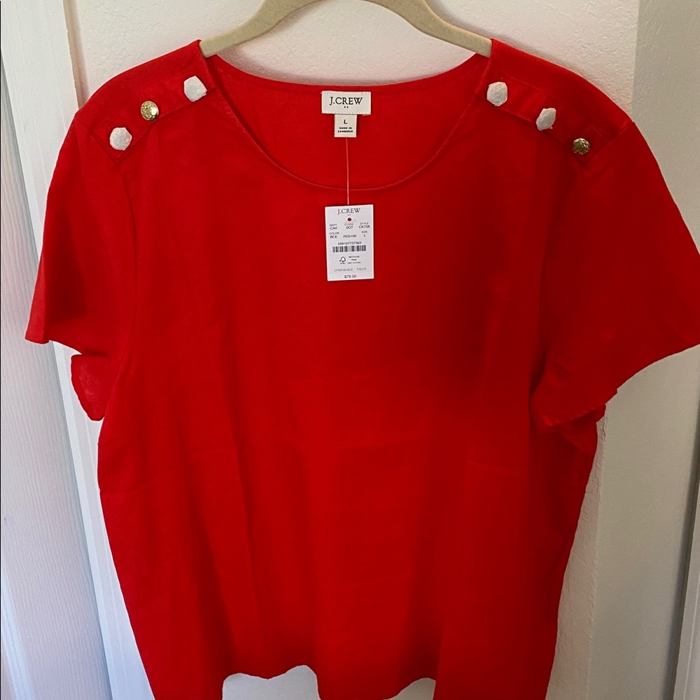 J.Crew size, large red linen and cotton with gold buttons at the shoulder top